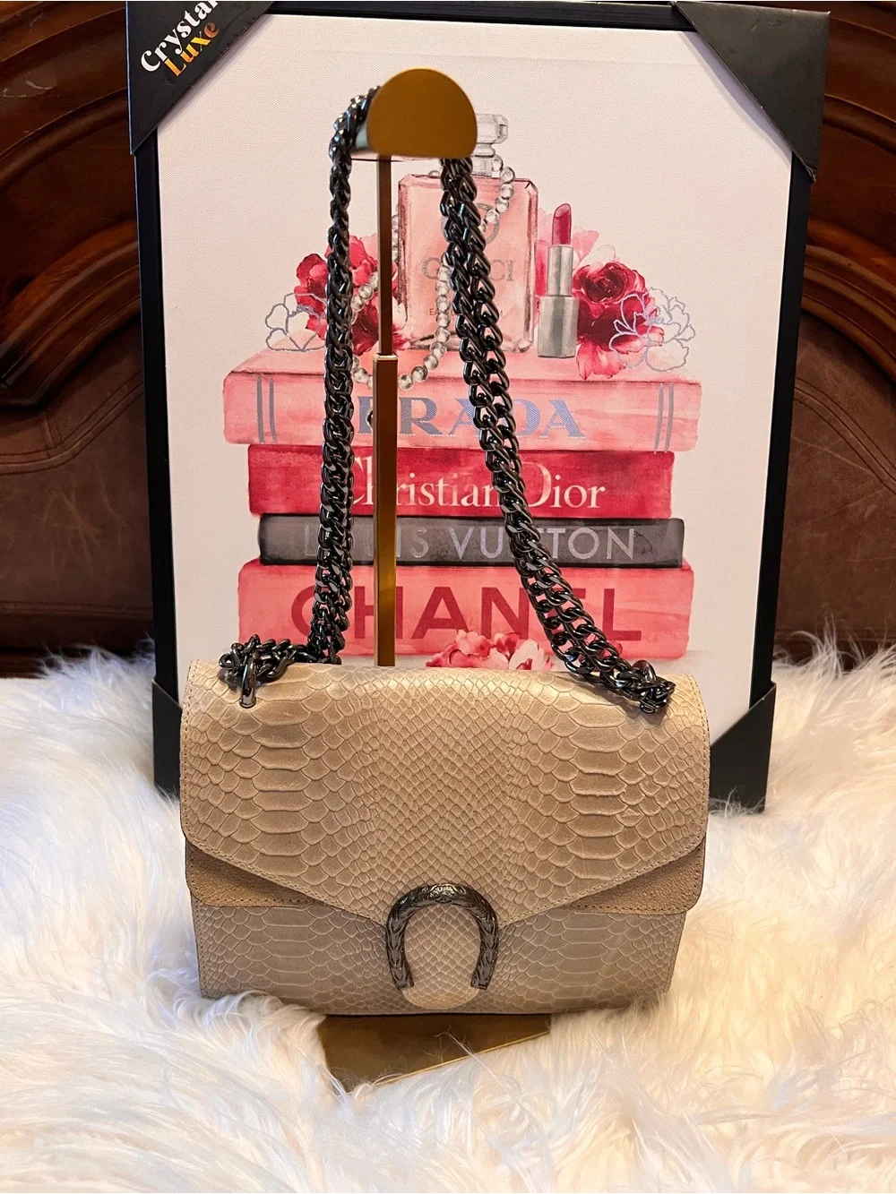 Vera Pelle Beige snakeskin-embossed genuine leather chain crossbody bag